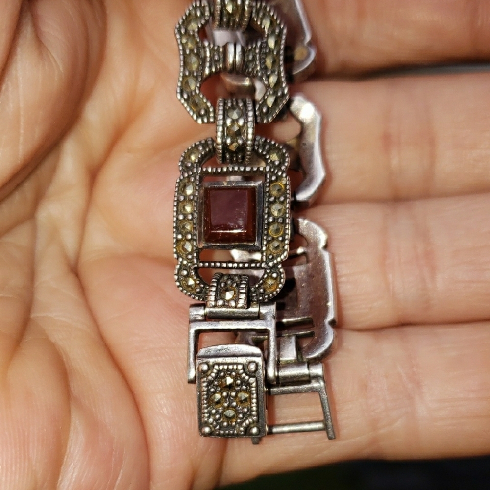 Old Silver 925 Jewelry Set,Carnelian Stone,Marcasite.Ring Size8. - Picture 7 of 10